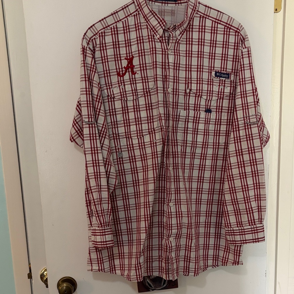 U of Alabama Columbia Men’s Red and White Plaid Button-Down Shirt- 2X